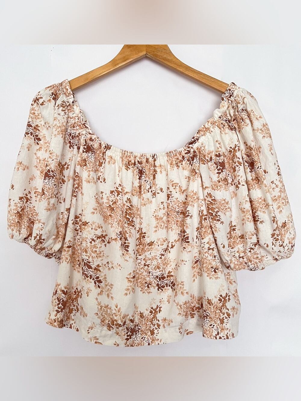Abercrombie Floral Puff Sleeve Blouse Linen Cotton Peasant Cottage Size Medium
